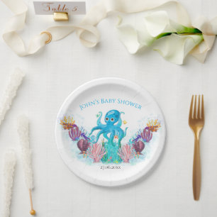 Modern Ocean Baby Octopus Watercolour Colourful Paper Plates