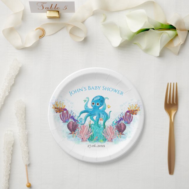 Modern Ocean Baby Octopus Watercolour Colourful Paper Plates (Wedding)