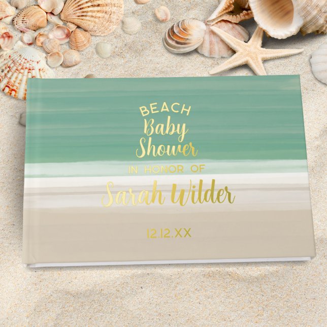 Modern Ocean Beach Baby Shower Thank You Message Foil Guest Book (Add your details and a short message to this modern Ocean Beach Baby Shower real foil guest book)