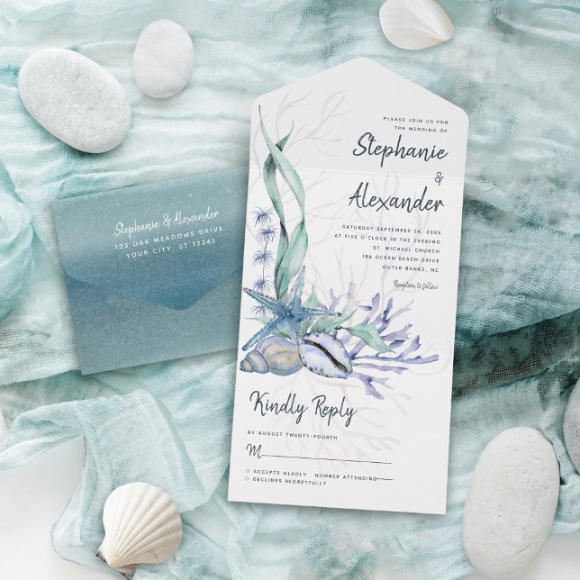 Modern Ocean Beach Blue Watercolor Wedding All In One Invitation (Creator Uploaded)