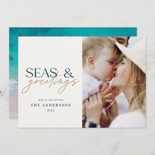 modern ocean beach family photo Holiday Card