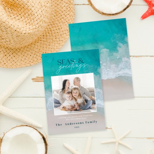 modern ocean beach family photo Holiday Card
