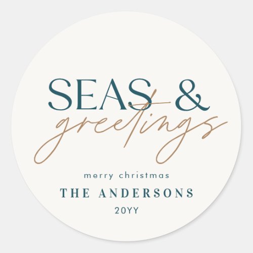 modern ocean beach family photo Holiday Card Classic Round Sticker