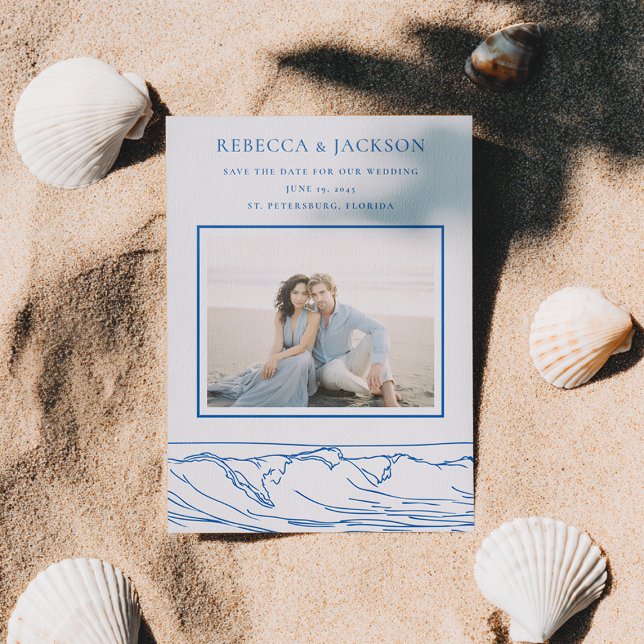 Modern Ocean Beach Waves Wedding Save The Date Letterpress Photo Cards (Creator Uploaded)