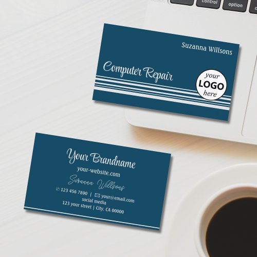 Modern Ocean Blue and Light Gray Stripes with Logo Business Card