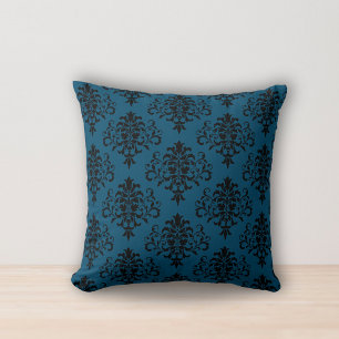 Modern Ocean Blue Black Damask Pattern Throw Pillow