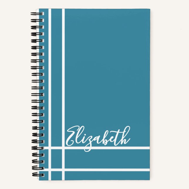 Modern Ocean Blue Custom Name Minimalist Notebook (Front)