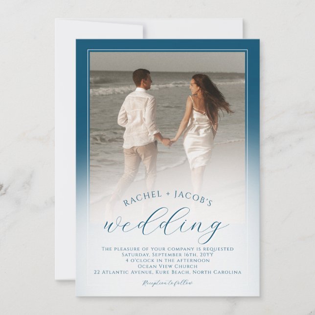 Modern Ocean Blue Ombre 2-Photo Wedding Invitation (Front)