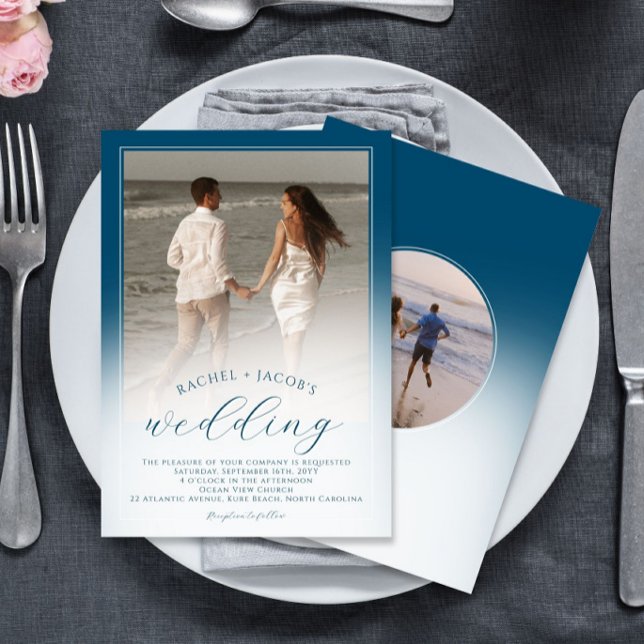 Modern Ocean Blue Ombre 2-Photo Wedding Invitation (Creator Uploaded)