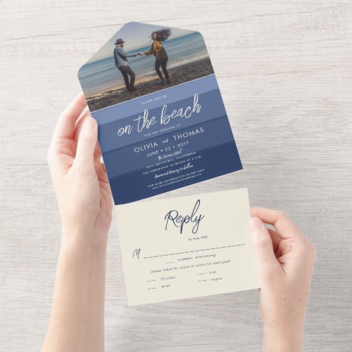 Modern Ocean Blue Wave Stripes Beach Wedding Photo All In One Invitation