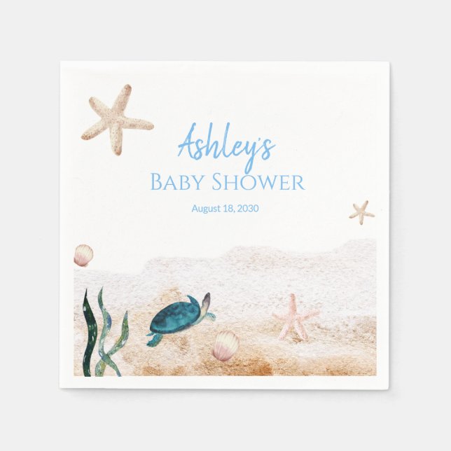 Modern Ocean Sea Turtle Starfish Boy Baby Shower  Napkins (Front)