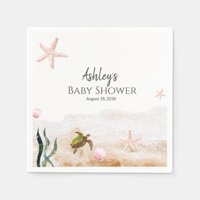 Modern Ocean Sea Turtle Starfish Girl Baby Shower  Napkins (Front)