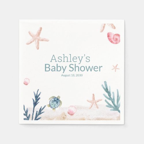 Modern Ocean Sea Turtle Starfish Girl Baby Shower  Napkins