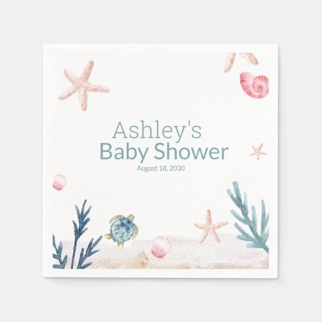 Modern Ocean Sea Turtle Starfish Girl Baby Shower  Napkins (Front)