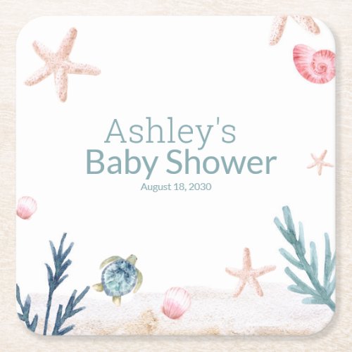 Modern Ocean Sea Turtle Starfish Girl Baby Shower  Square Paper Coaster