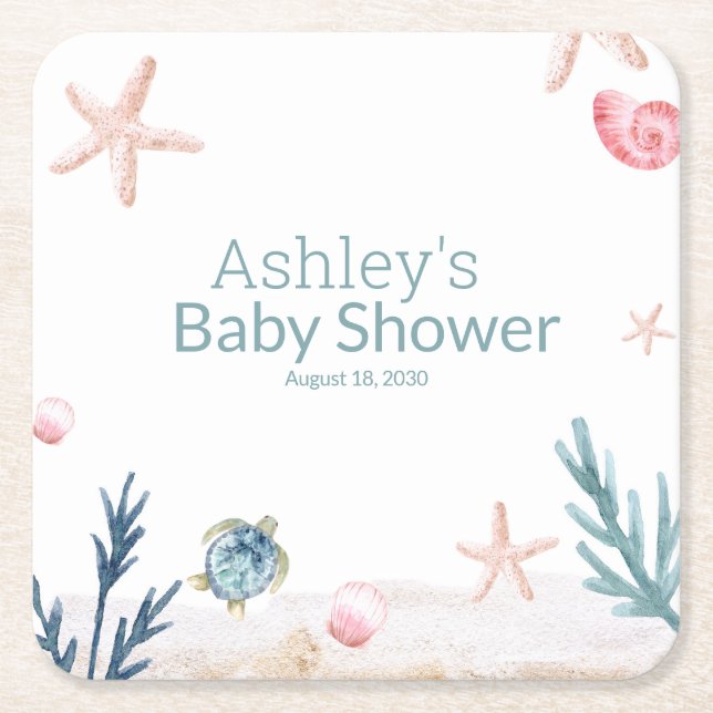 Modern Ocean Sea Turtle Starfish Girl Baby Shower  Square Paper Coaster (Front)