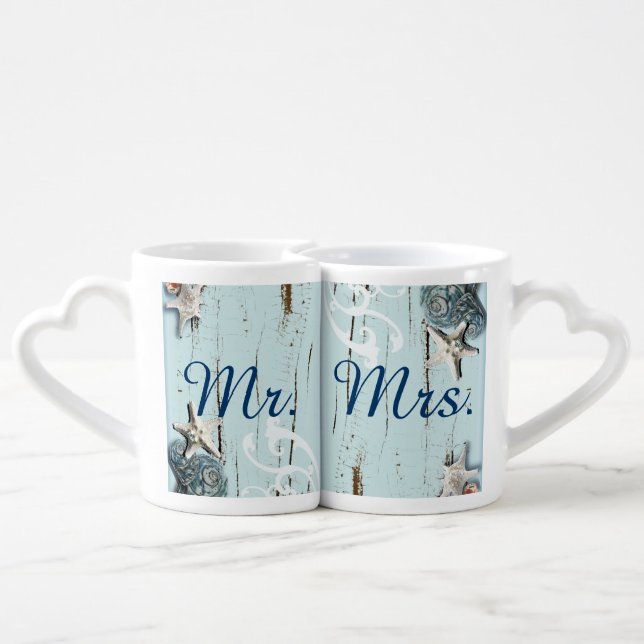 modern ocean SeaShells Beach Wedding Coffee Mug Set (Back Nesting)