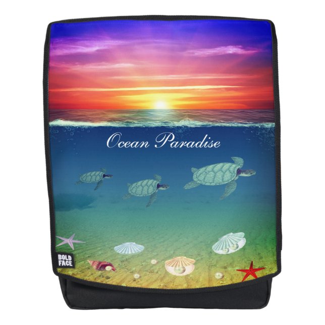 Modern ocean sunrise, sea turtles, shells & pearls backpack (Front)
