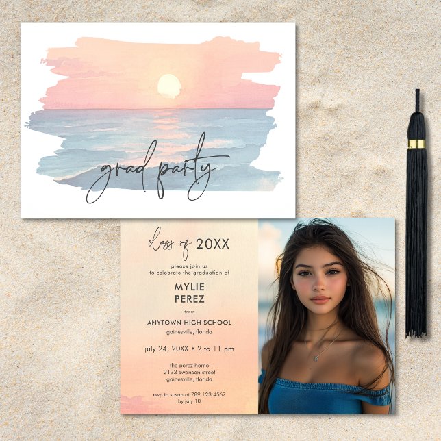 Modern Ocean Sunset Beach Graduation Photo Party Invitation (Modern Ocean Sunset Beach Graduation Photo Party Invitation)