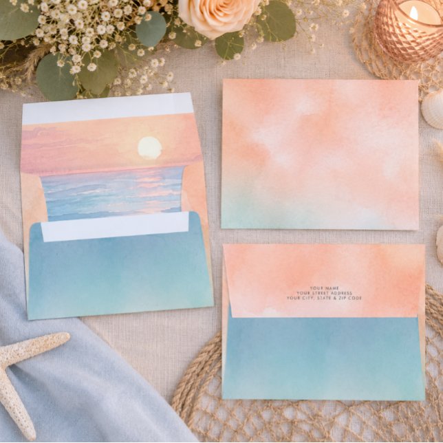 Modern Ocean Sunset On the Beach Wedding Envelope (Creator Uploaded)