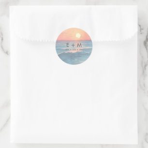 Modern Ocean Sunset Watercolor Beach Wedding Classic Round Sticker