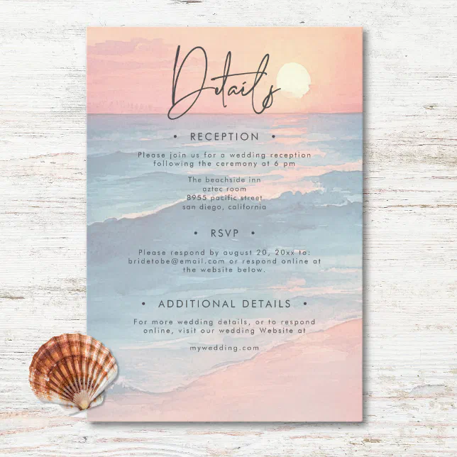 Modern Ocean Sunset Watercolor Beach Wedding Enclosure Card | Zazzle