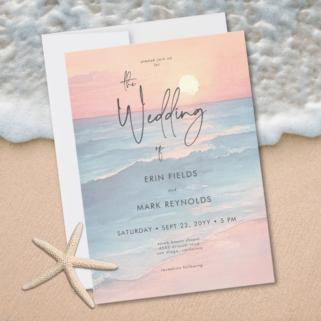 Modern Ocean Sunset Watercolor Beach Wedding Invitation (Modern Ocean Sunset Watercolor Beach Wedding Invitation)