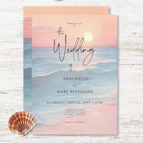 Modern Ocean Sunset Watercolor Beach Wedding
