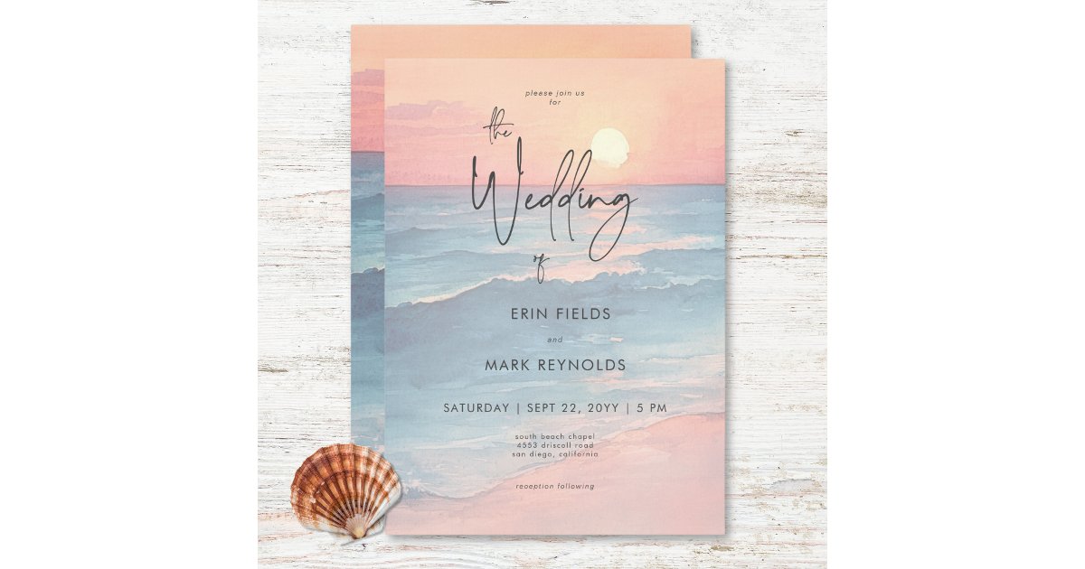 Modern Ocean Sunset Watercolor Beach Wedding Invitation | Zazzle