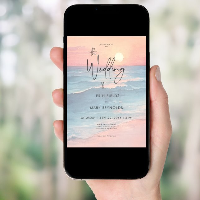 Modern Ocean Sunset Watercolor Beach Wedding Invitation (Front Digital)