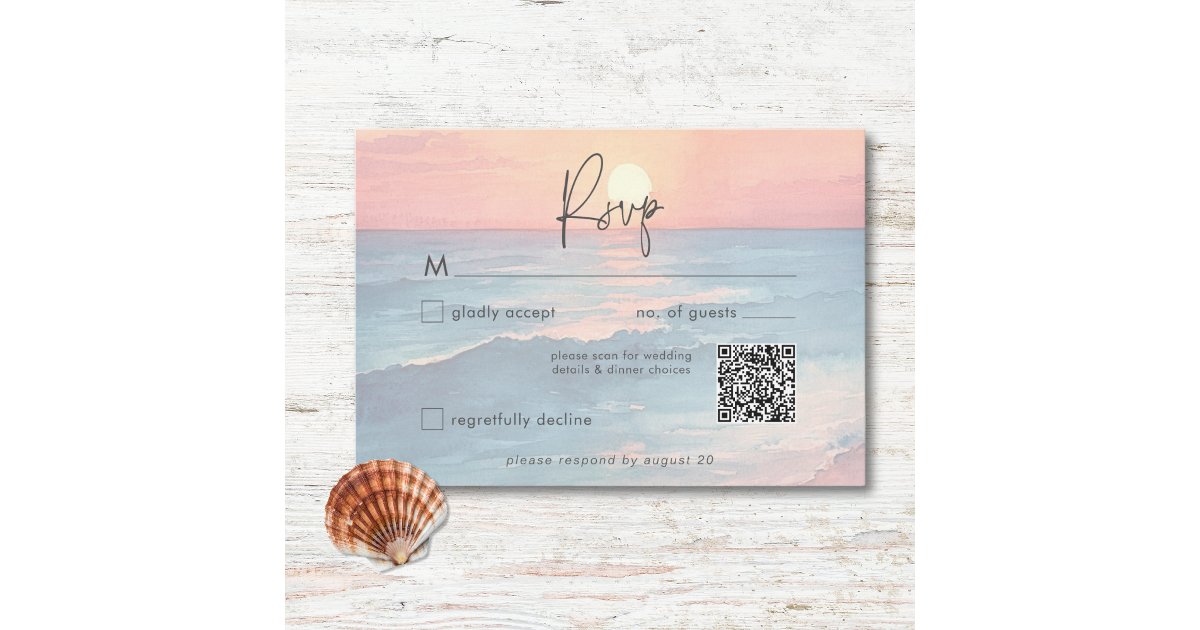 Modern Ocean Sunset Watercolor Beach Wedding QR RSVP Card | Zazzle