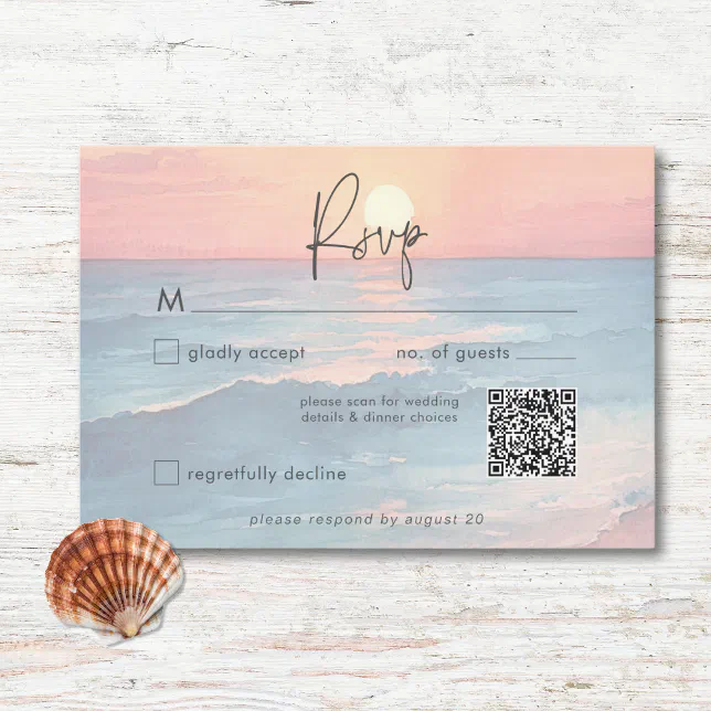 Modern Ocean Sunset Watercolor Beach Wedding QR RSVP Card | Zazzle