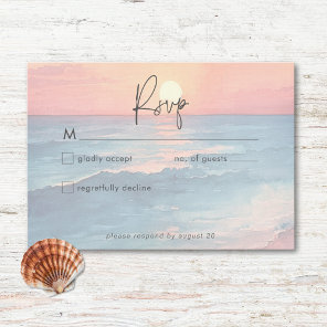 Modern Ocean Sunset Watercolor Beach Wedding RSVP Card