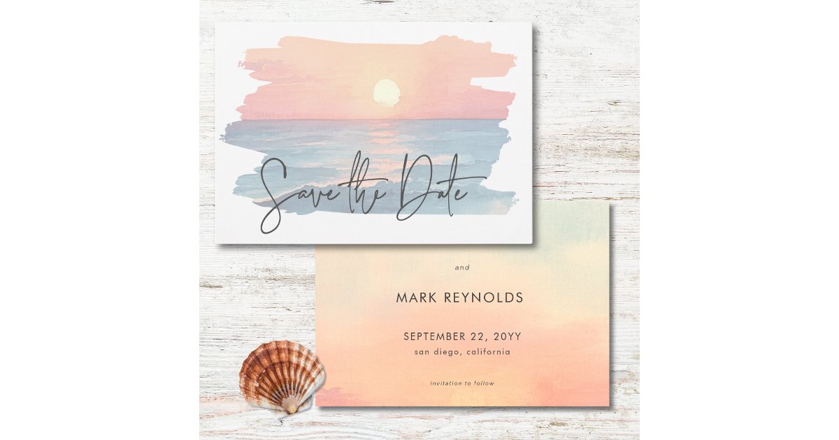 Modern Ocean Sunset Watercolor Beach Wedding Save The Date | Zazzle
