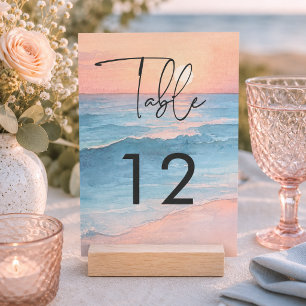 Modern Ocean Sunset Watercolor Beach Wedding Table Number