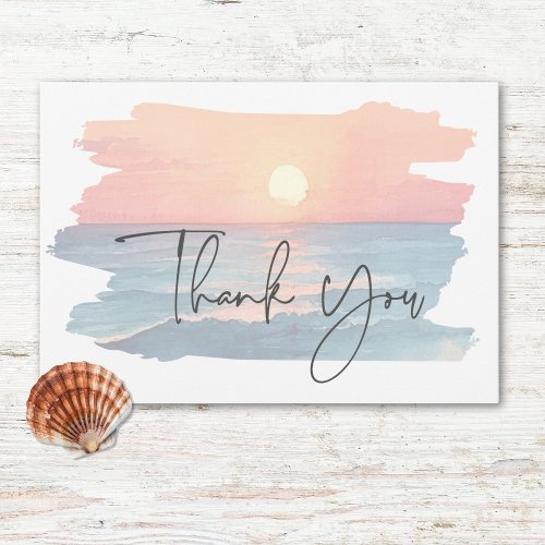 Modern Ocean Sunset Watercolor Beach Wedding Thank You Card