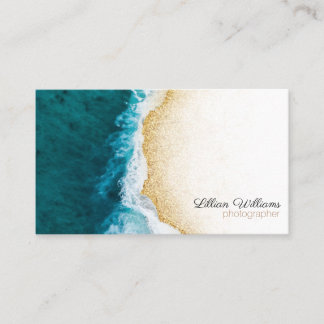 Modern Ocean Teal Waves Gold Glitter Ombre Coast Business Card