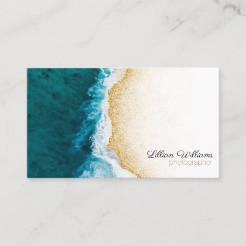 Modern Ocean Teal Waves Gold Glitter Ombre Coast Business Card