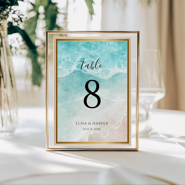 Modern Ocean Tide Watercolor Beach Wedding Table Number (Creator Uploaded)
