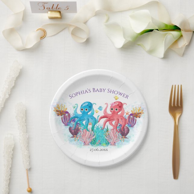 Modern Ocean Twin Octopus Watercolour Colourful   Paper Plates (Wedding)