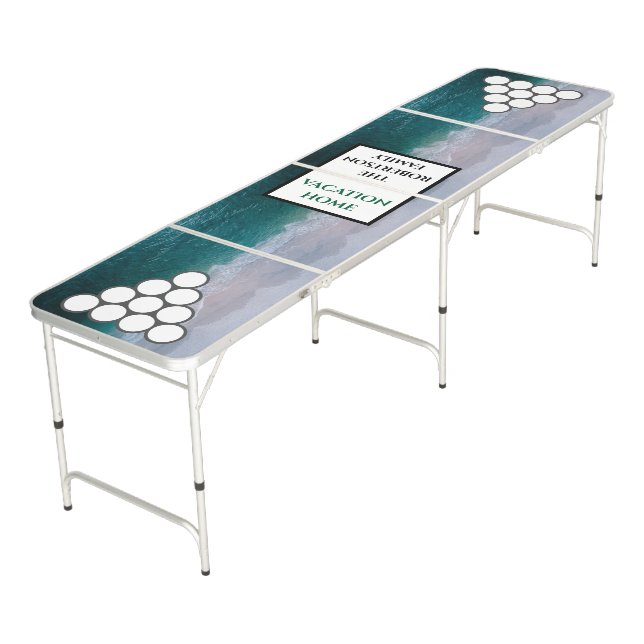 Modern Ocean Vacation Home Custom Family Name  Beer Pong Table (Angled)