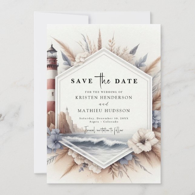Modern Ocean Vibes Lighthouse Wedding Save The Date (Front)