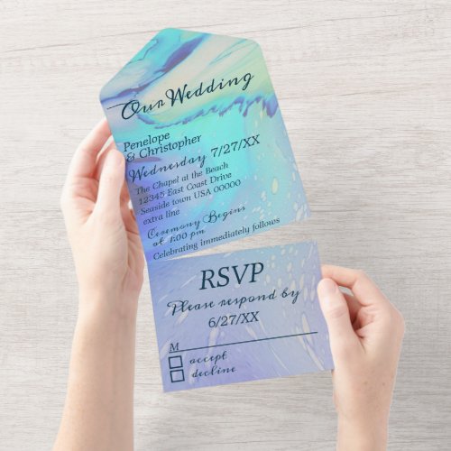 Modern Ocean Water Blue Abstract Beach Wedding  All In One Invitation