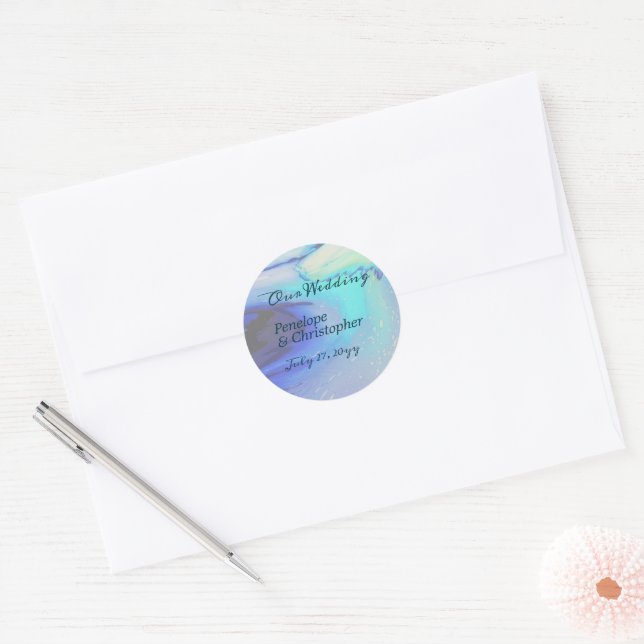 Modern Ocean Water Blue Abstract Beach Wedding  Classic Round Sticker (Envelope)