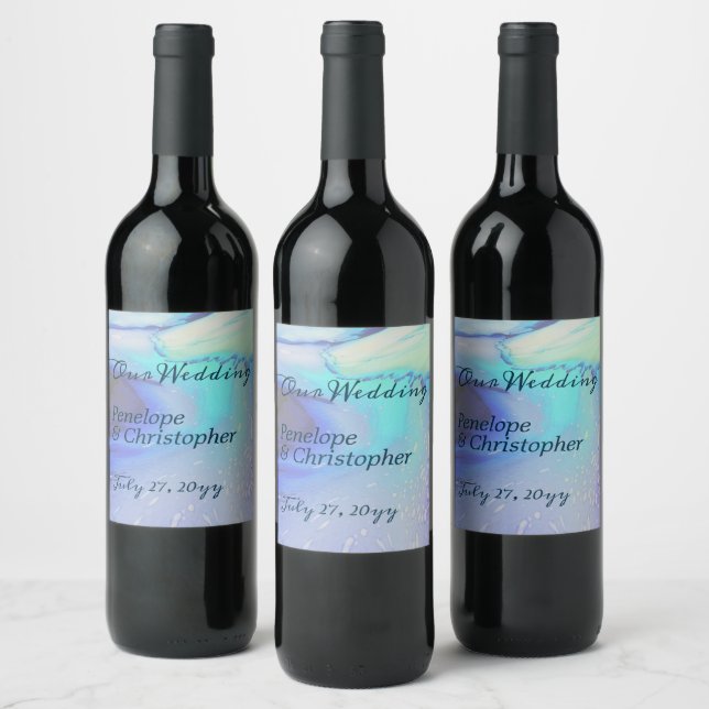 Modern Ocean Water Blue Abstract Beach Wedding   Wine Label (Bottles)