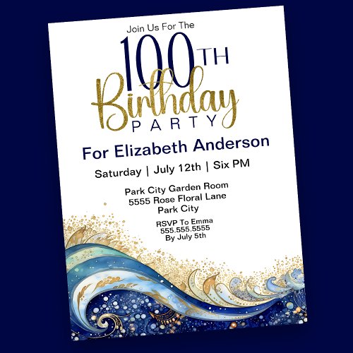 Modern Ocean Wave 100th Birthday Invitation