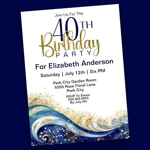 Modern Ocean Wave 40th Birthday Invitation