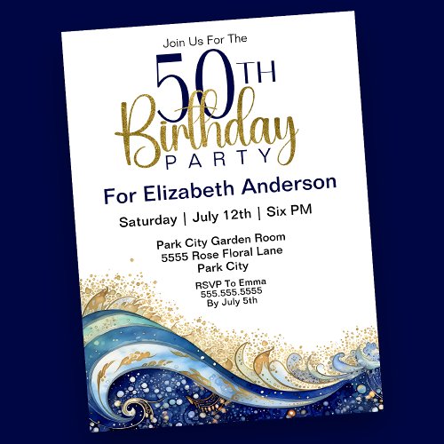 Modern Ocean Wave 50th Birthday Invitation