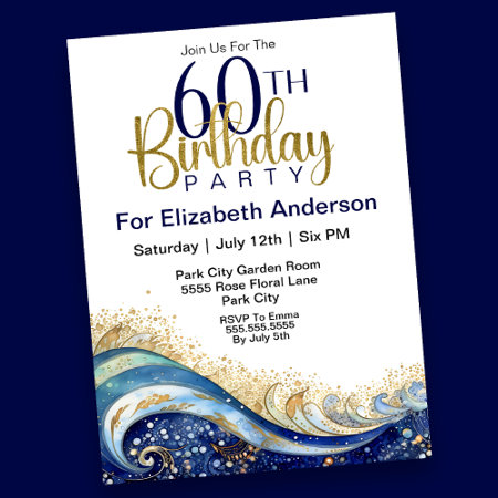 Modern Ocean Wave 60th Birthday Invitation