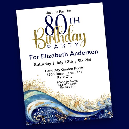 Modern Ocean Wave 80th Birthday Invitation